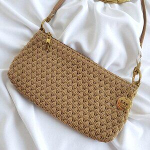 The Sak Original Gold Metallic Woven Crochet Shoulder Bag Chain Strap & Zipper